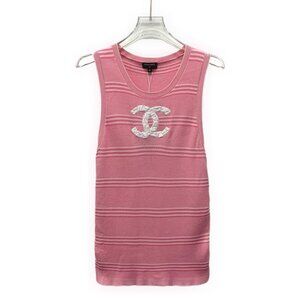 HW0104 Chanel Chanel pink striped logo embroidered cotton round neck sleeveless
